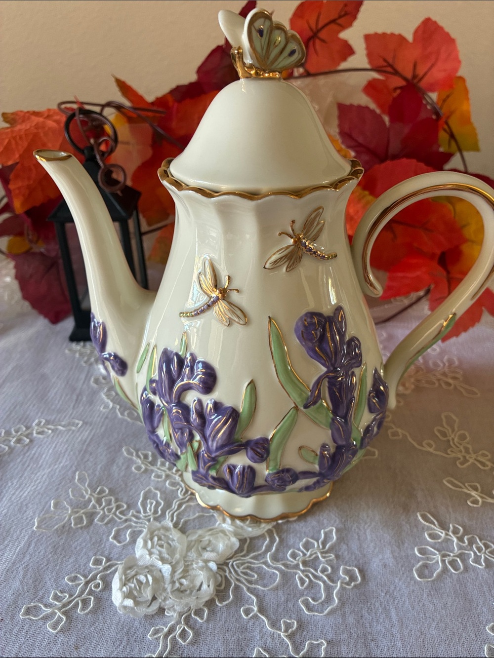 Lenox Cream Porcelain Teapot with Purple Iris Relief & Gold Trim